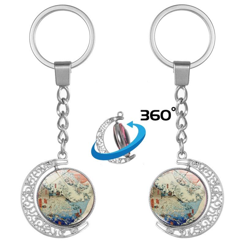 Japanese Wave Ukiyo-e Art Double-Sided Rotating Keychain Pendant