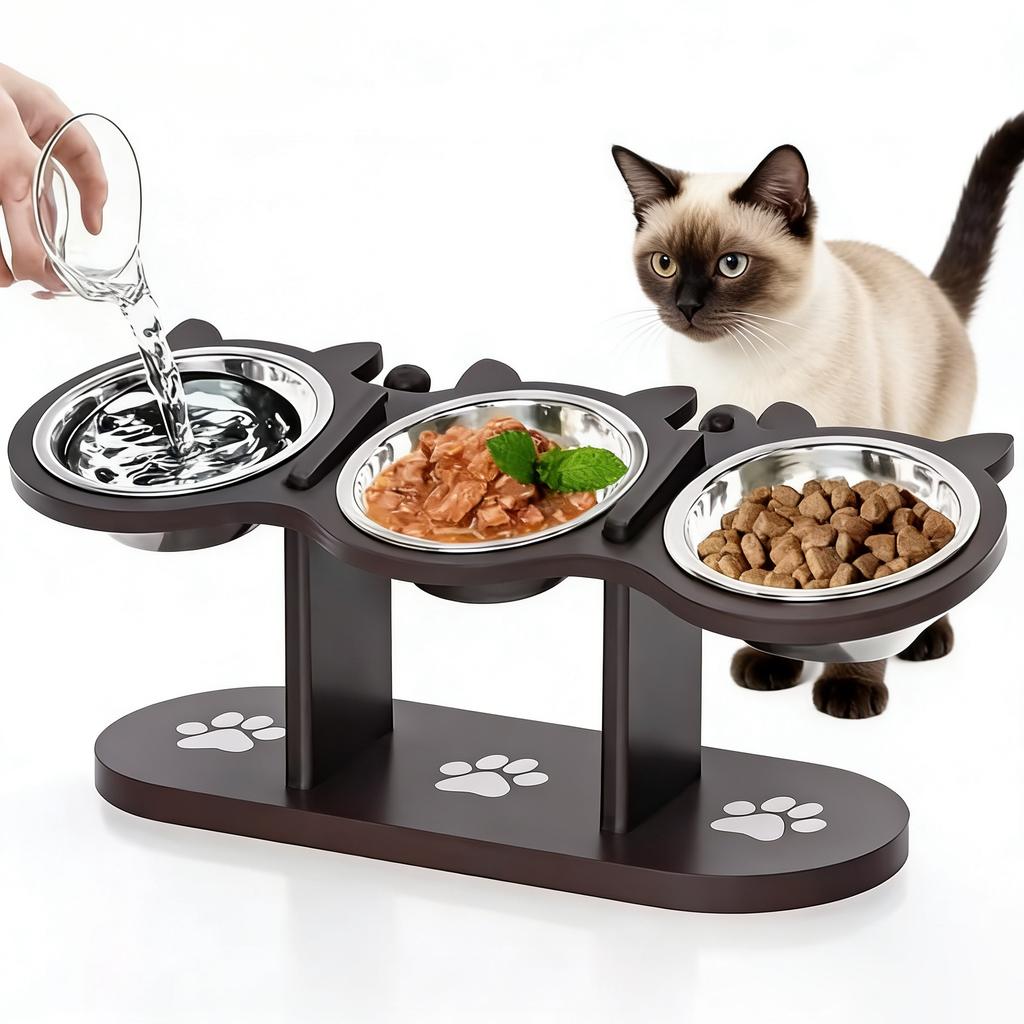 Solid Wood Raised Cat Bowl with Adjustable Neck Support – Cat Accessories for Water and Food Bowls, Anti-Spill, Table-Safe