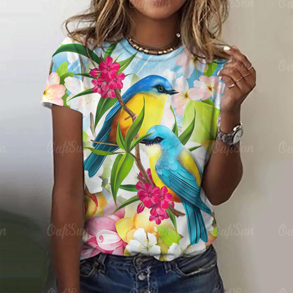 

Женская футболка, новая модная летняя футболка с 3d принтом птиц и круглым вырезом, с коротким рукавом, повседневная блузка большого размера, топы, женская одежда
