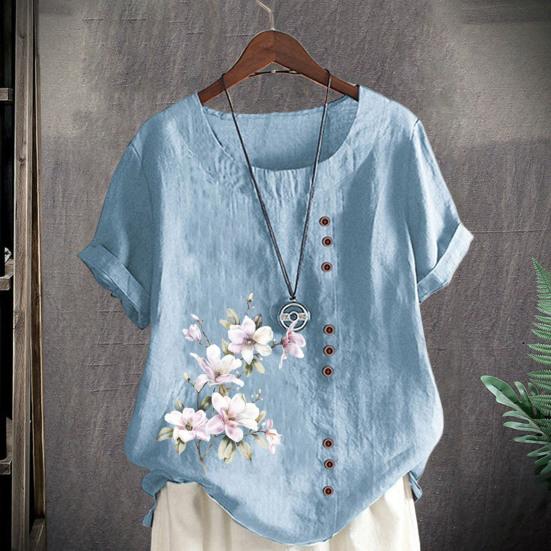 Frauen Shirt Kurzarm Rundhals Knöpfe Dekor Lose Atmungsaktive Streetwear