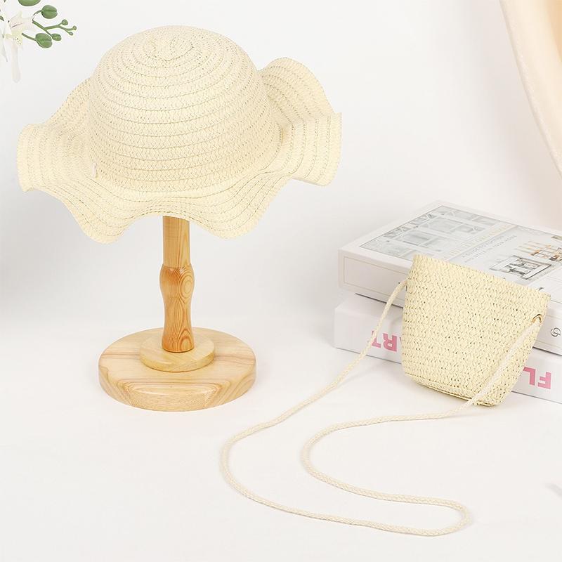 Summer Children's Wavy Edge Wide Brim Straw Hat And Woven Bags Travel Beach Sun Cap