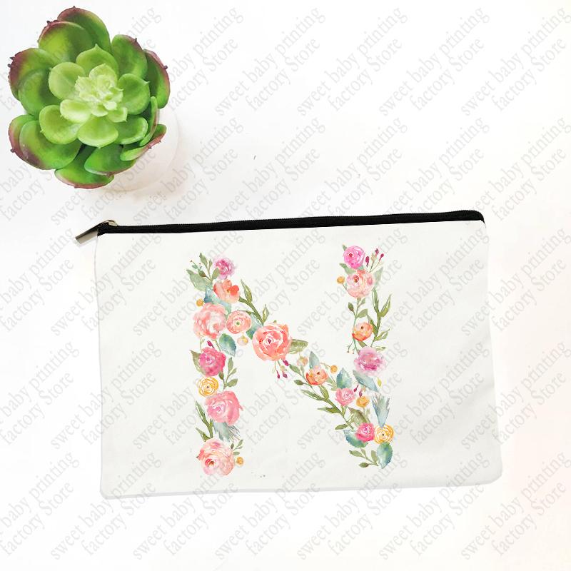 Initials Flower Women White Cosmetic Bag Travel Lipstick Bags Mujer Bolsas Bridesmaid Maid of Honor Makeup Bag Wristlet Clutch