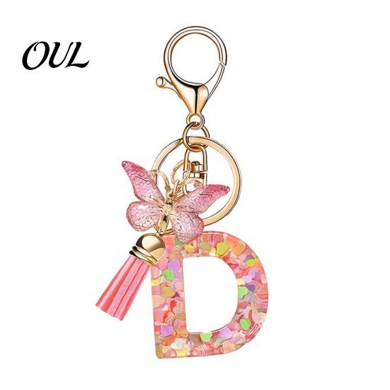Kompaktes Schlüsselanhänger-Anhänger in Rosa-Serie, Pailletten Herz Initialen-Buchstaben-Anhänger Schlüsselkette mit tragbarem Schmetterlings-Quasten-Design, A-Z Halter für Tasche