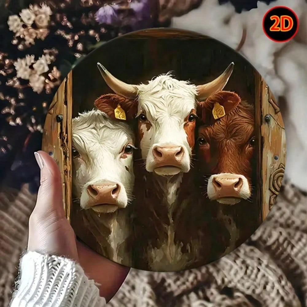 Round Cow Metal Wall Art Easy Hang Rustic Home Decor Farmhouse Office Cafe Bar Halloween Kitchen Bathroom Bedroom Living Room