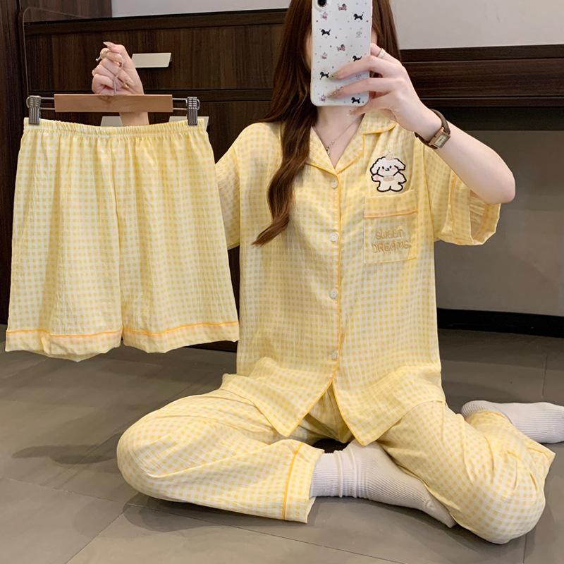 Cartoon Plaid Thin Cloud Cotton Pajamas Women'S Summer Short-Sleeved Three-Piece Japanese Loungewear