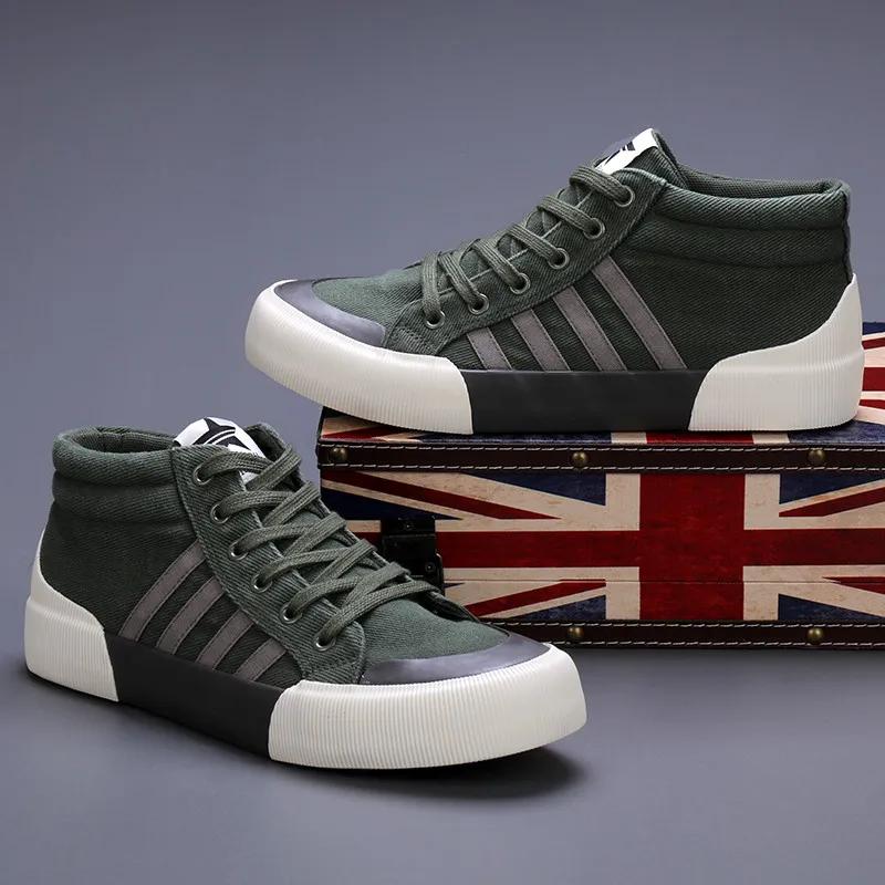 Autumn Breathable Canvas Sneakers Men Plimsoll Fashion High Top Vulcanized Shoes Men Casual Green Men's Canvas Shoes
