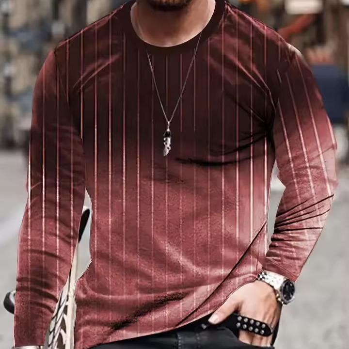 Vintage Men's Long Sleeve T-shirt 3D Stripe Gradient Printed Tshirt Harajuku Oversized Tops Casual Men's Outdoor Jogging T-Shirts