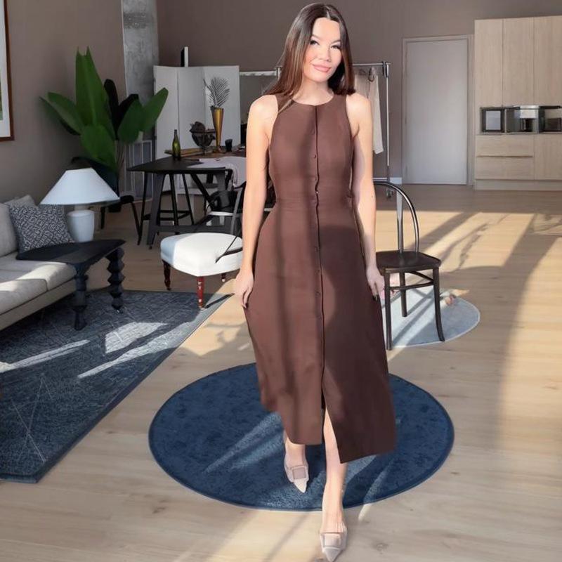 Womens Dark Brown Sleeveless Button Down Maxi Dress with Side Pockets XS темно-коричневого