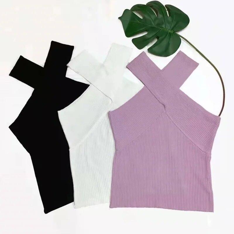 Summer Women'S Knitted Pullover Sexy Cross Neck Shoulder Two Wear Suspender Vest Outerwear