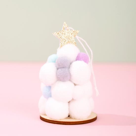 Plush Christmas Tree Ornament, Cute Pom Pom Balls Tree-Shaped Hanging Pendant with Star Tree Topper for Tree Wreath Home Party Decoration