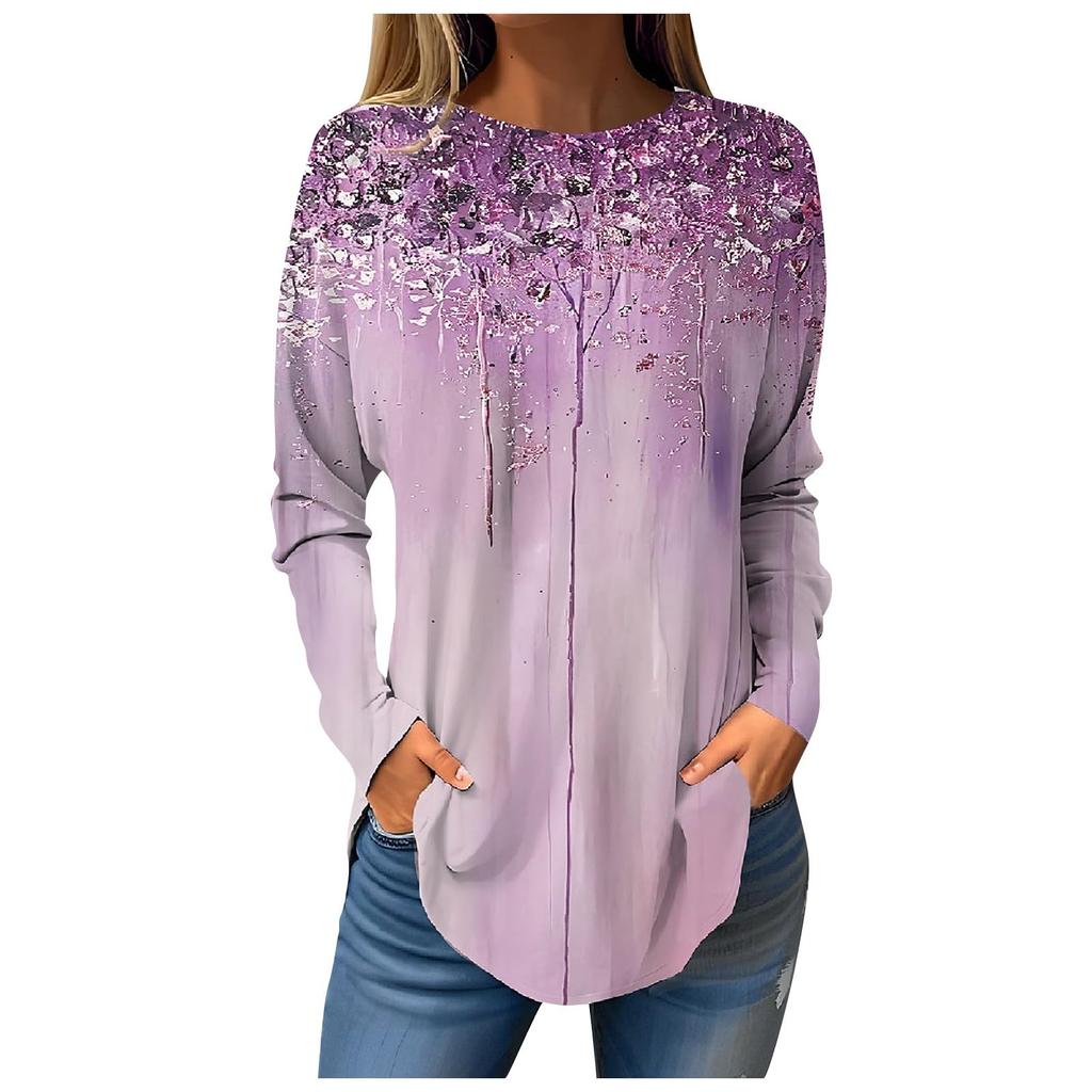 Camiseta de mujer con estampado de hojas en 3D, manga larga, cuello redondo, estilo clásico, ideal para vacaciones, fines de semana, primavera y otoño.