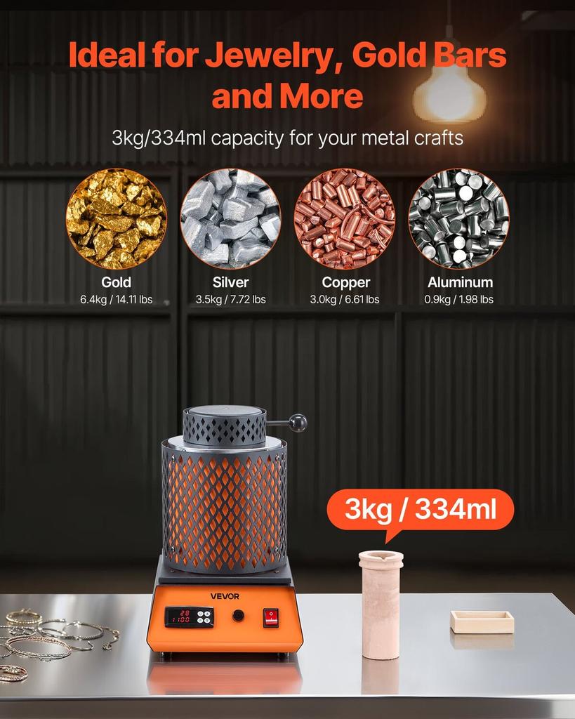 Electric Melting Furnace, 1350W Electric Melting Furnace Kit, 2102/1150 Metal Smelting Machine with 3kg Ceramic Crucible, Gold Smelting Kit for