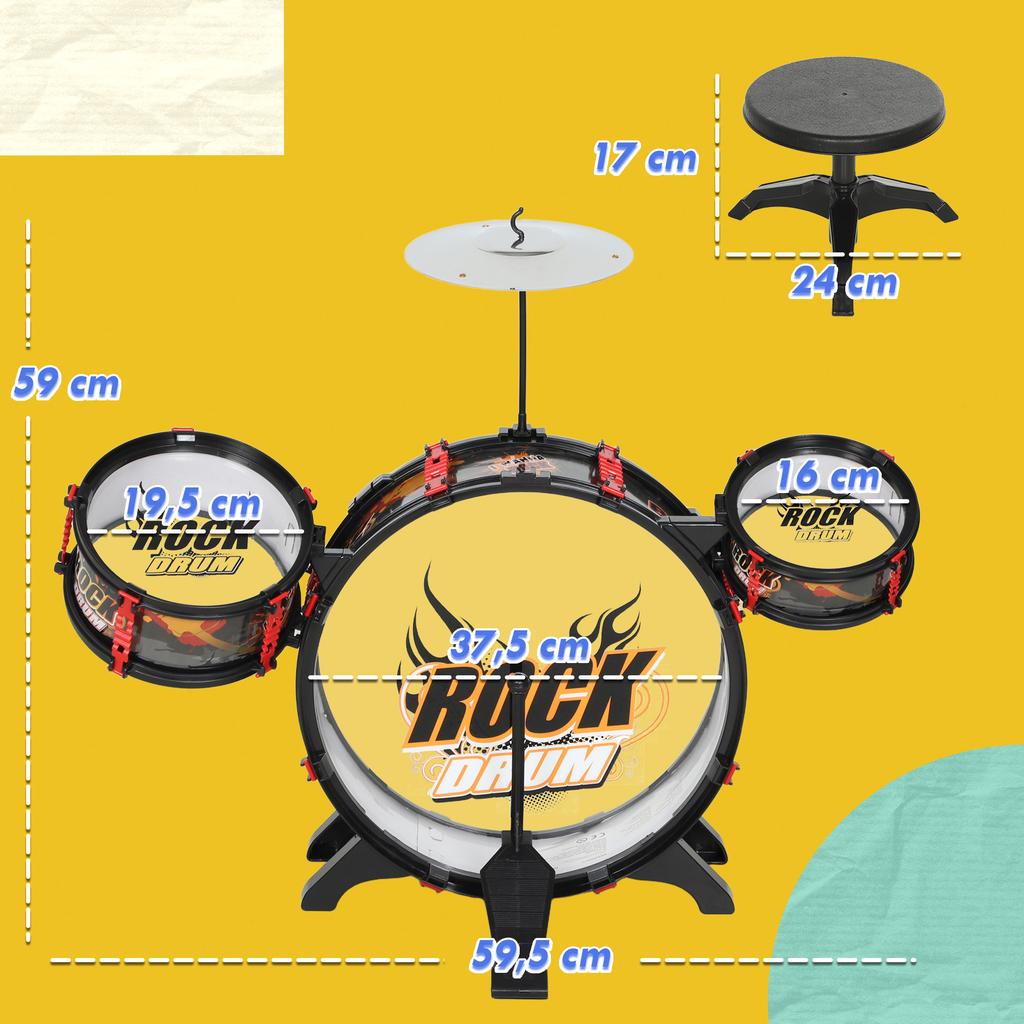 Drum Set for Children +3 Years with Stool, Drums, Bass Drum, Cymbal and Drumsticks 59.5x31.5x59 Cm Black