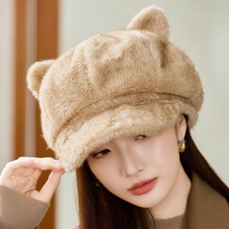 New Style Rabbit Fur Octagonal Hat Women's Fashionable Plush Hat Cat Ear Thermal Cap Wide-Circumference Head Wrap