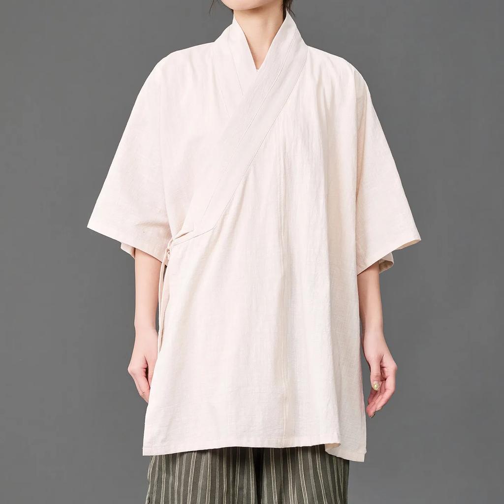 Men Tang Dynasty Hanfu Shirt Loose Mid Sleeve Open Front Cardigan Vintage Chinese Traditional Casual Streetwear Summer Tops