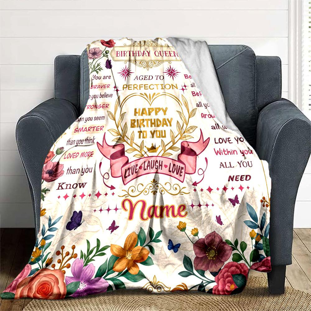 Birthday Queen Card Customize Your Name Blanket Soft Warm Cozy Versatile For Sofa Couch Office Bed Picnics Ideal For All Seasons Warmthful Decor Gift