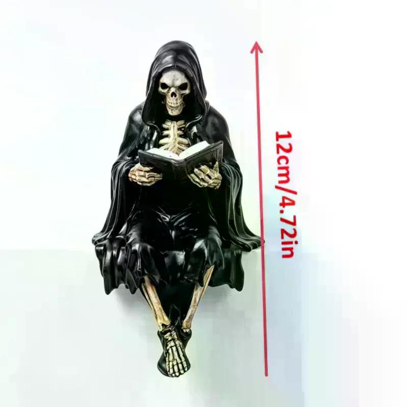 Grim Reaper Reading Statue Resin Black Hooded Skull Miniature Halloween Desktop Gothic Decor