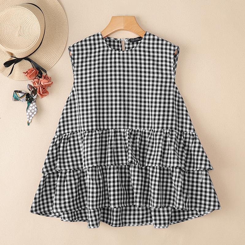 

ZANZEA Женские повседневные летние майки без рукавов с круглым вырезом и принтом в клетку 4XL чёрный