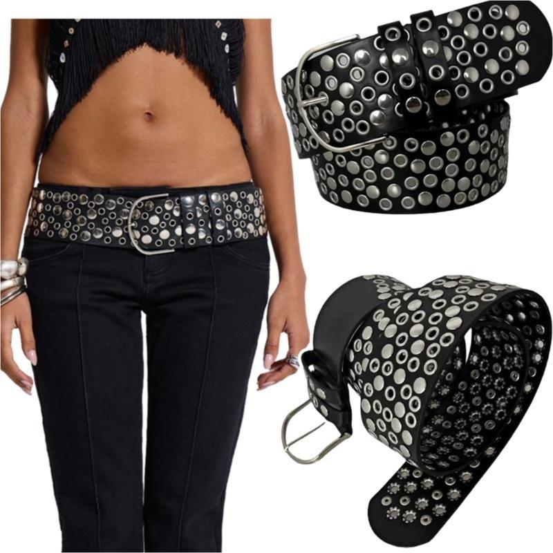 Adjustable Length Rivet Studded Waist Belt with PU Leather Full Studs for Trendy Rock Styles Enthusiasts Hiphop Decors