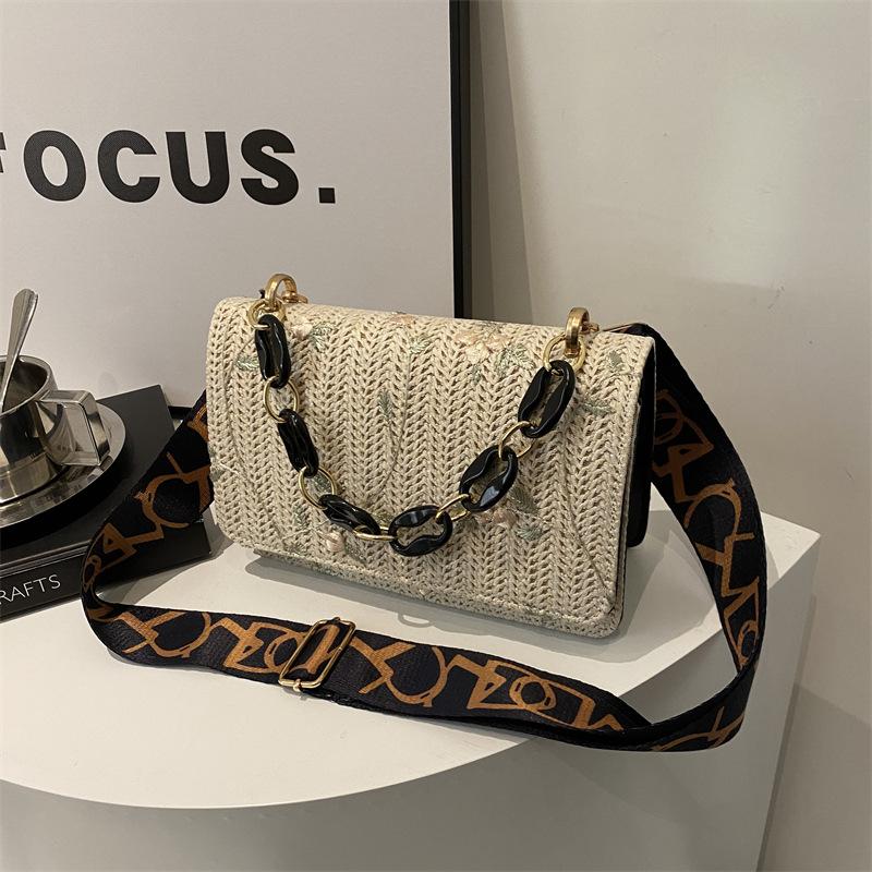 Fashion Straw Woven Bag for Women Lace Flower Crossbody Bag Versatile Small Square Chain Shoulder Handbag