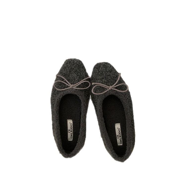 French Flat-bottomed Retro Suede Bow Single Shoes Women's Shoes 2025 Autumn and Winter New Versatile Square Head Beanie Shoes