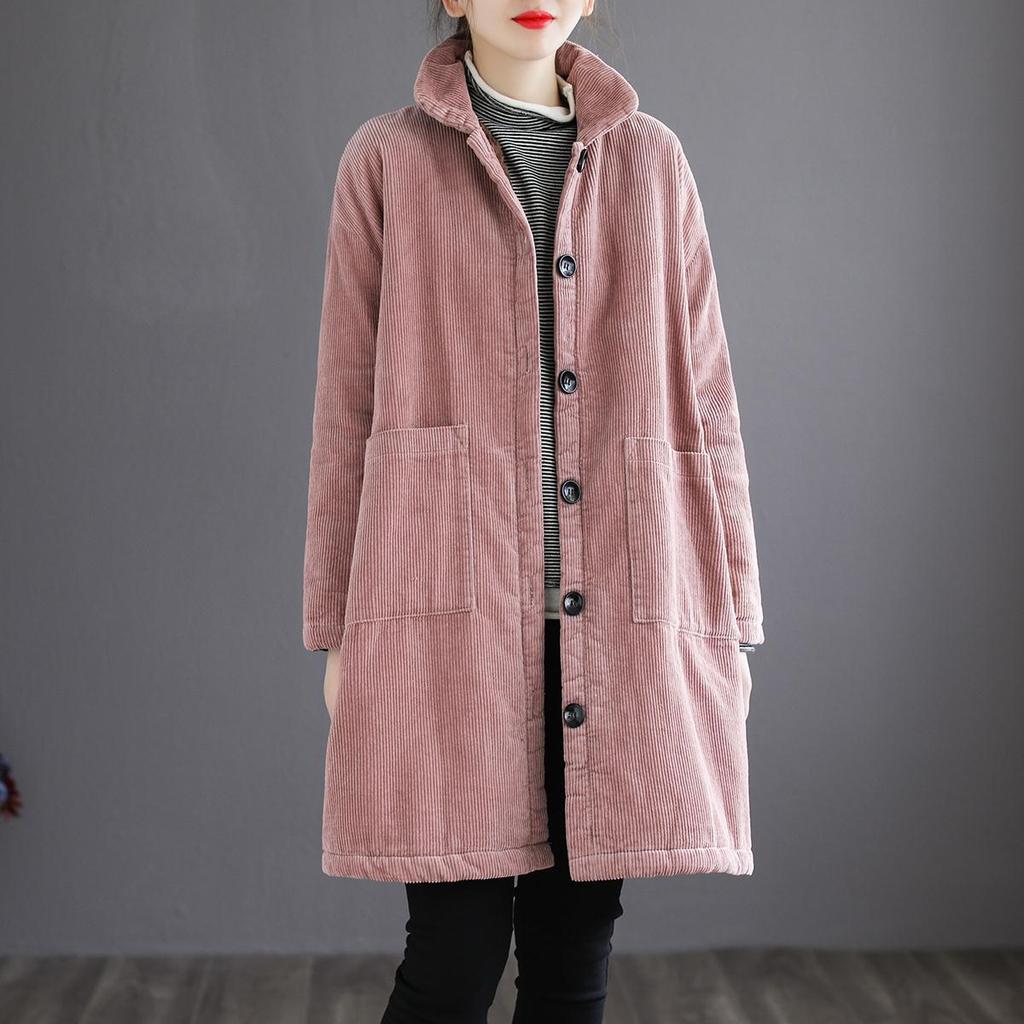 Literary and Artistic Loose Large Size Corduroy Padded Jacket Women's Mid-length Plus Velvet Thick Warm Strip Velvet Winter Padded Jacket