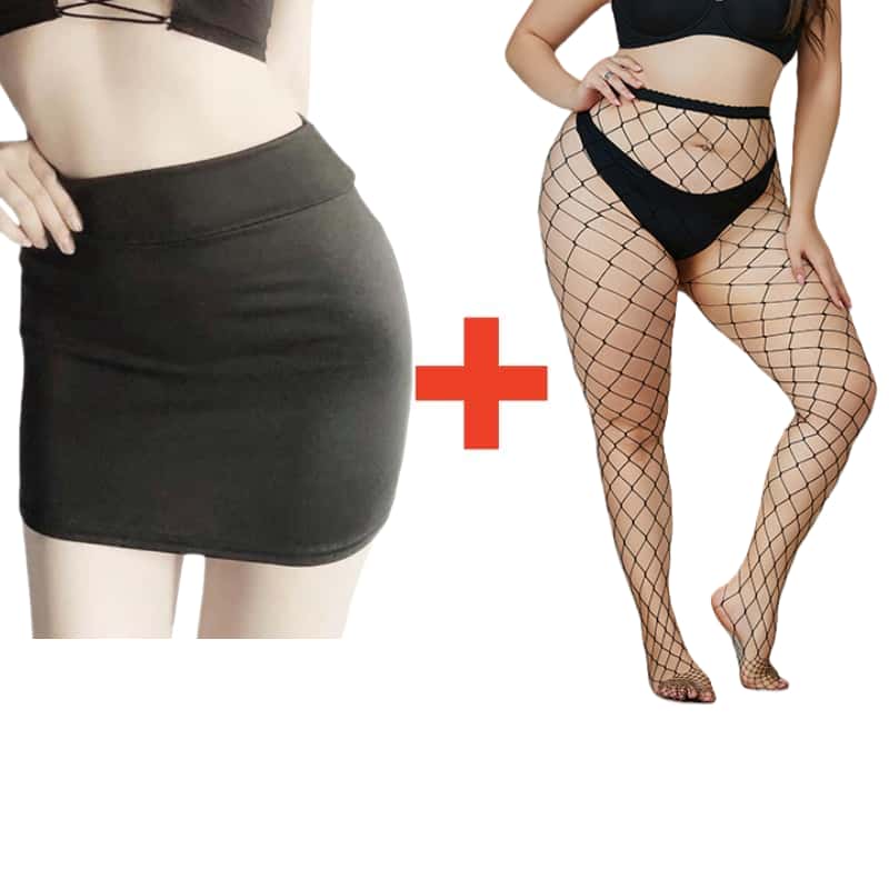 2PCS/SET Women High Waist Pencil Mini Skirts+Stockings Dress Set,Sexy Casual Wrap Hips Black Short Skirt and Pantyhose
