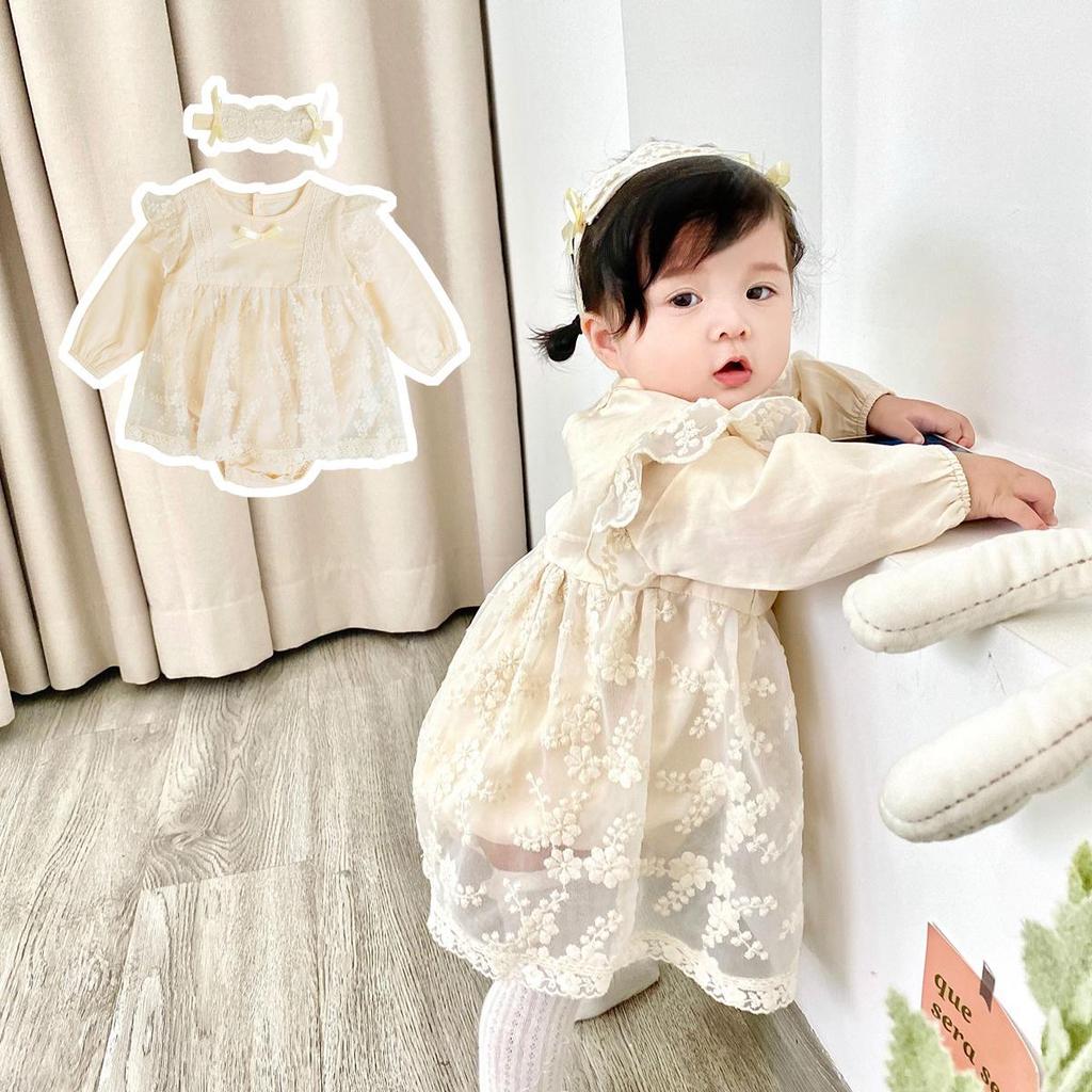 Korean Style Newborn Lace Romper - Baby Long Sleeve Bodysuit for Spring/Autumn