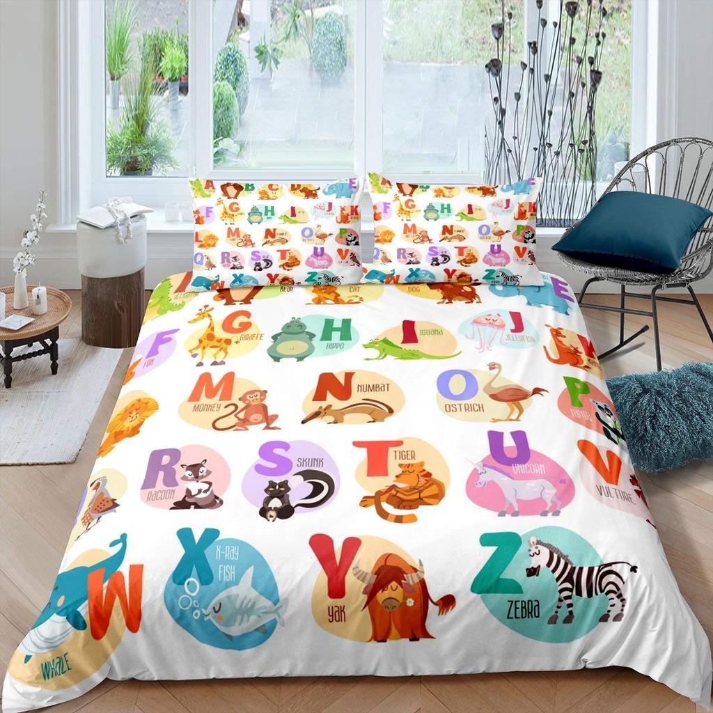 Kids Alphabet Duvet Cover Set Polyester Digital Pattern Bedding Twin Size Hand Painted Educational Quilt Cover