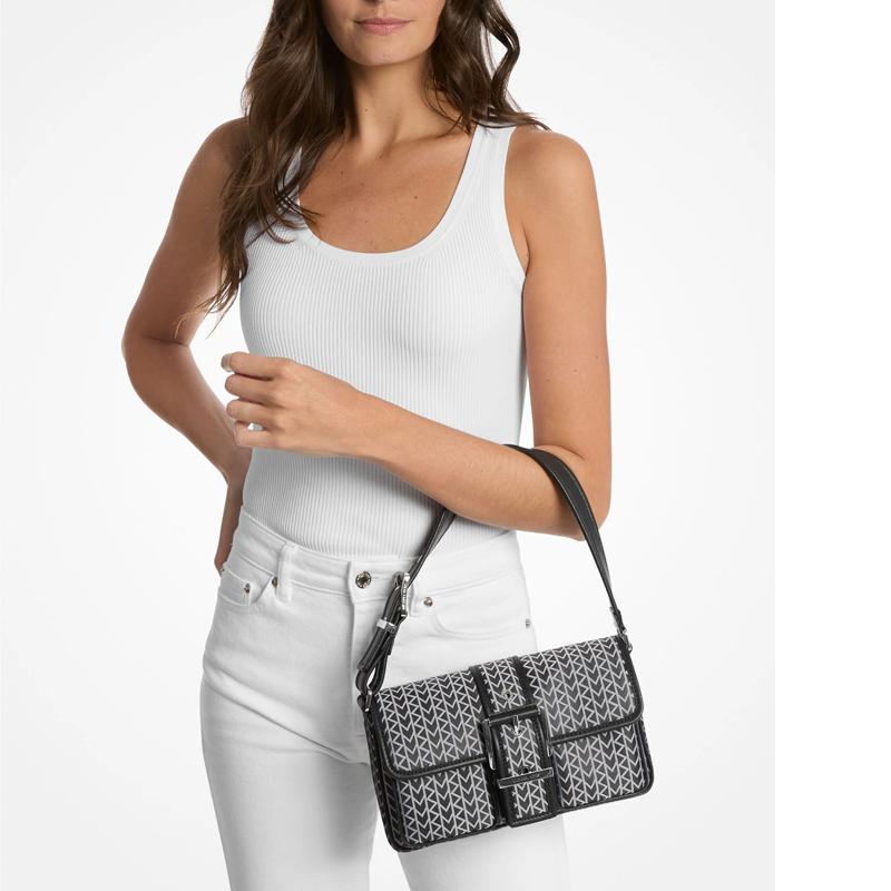 Michael Kors MK Colby Two-Tone New Logo Print Design Fabric Shoulder Bag Medium Women Shoulder Bag Black White 30T5SBAL8J-BLACK