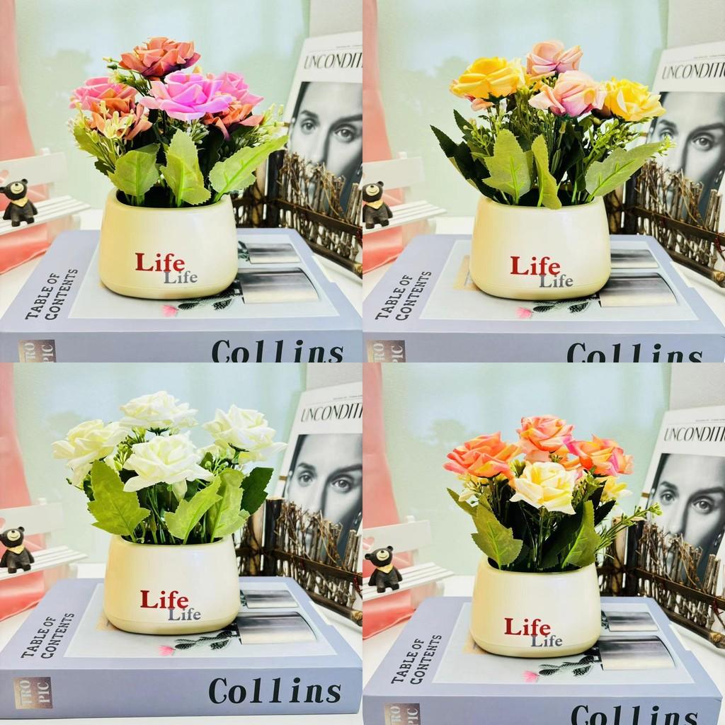 Artificial Rose Champagne Potted Plant Bonsai For Home Decor Tabletop Display