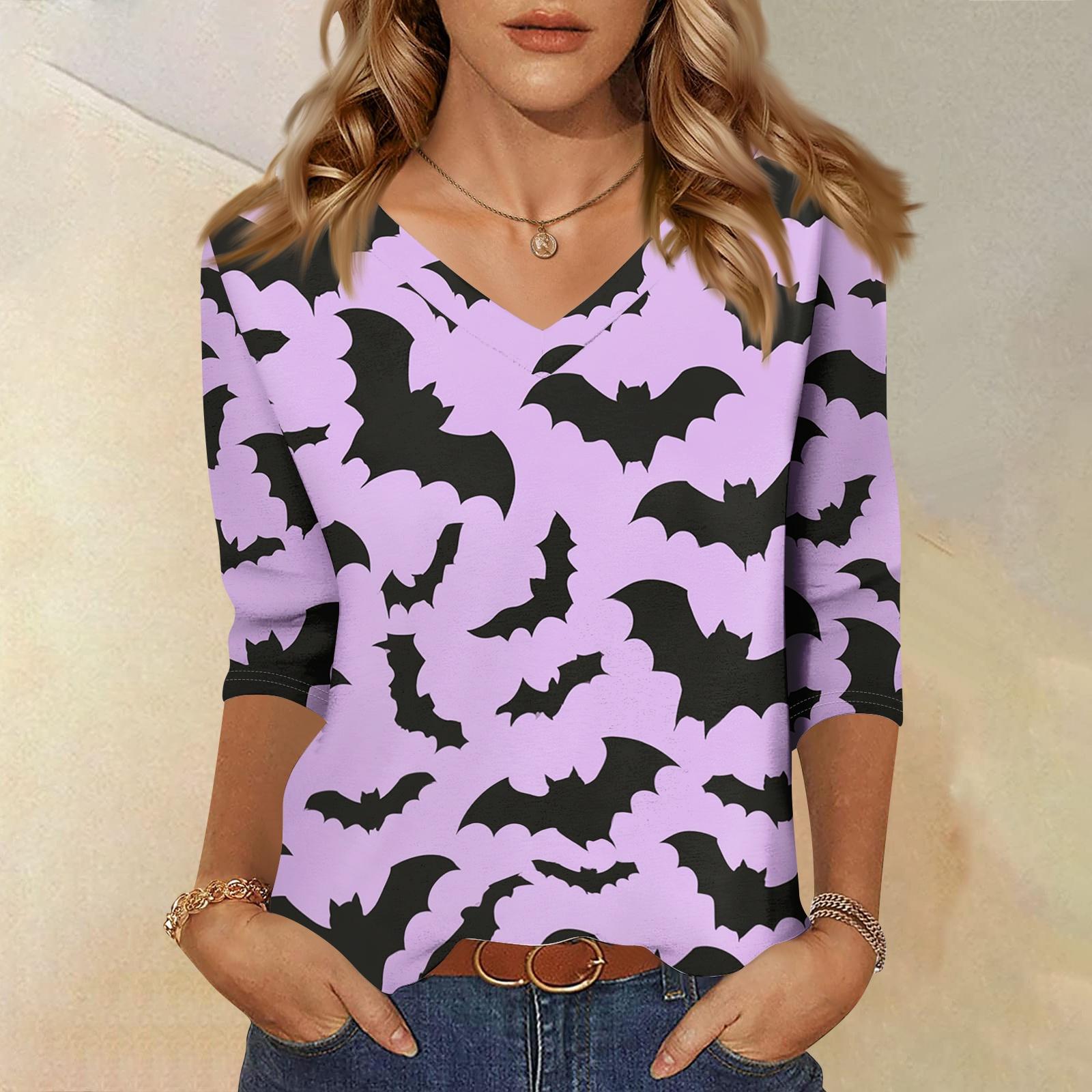 Women s Casual Halloween Print V-Neck Top with Three-Quarter Sleeves S
