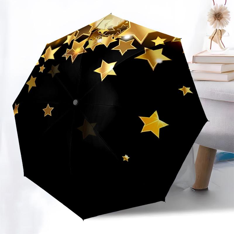 Golden Starry Sky Automatic Opening Folding Umbrella - Portable 3-Fold Design with Iron Frame for, Festive Gift, Travel, Daily Use1121097a