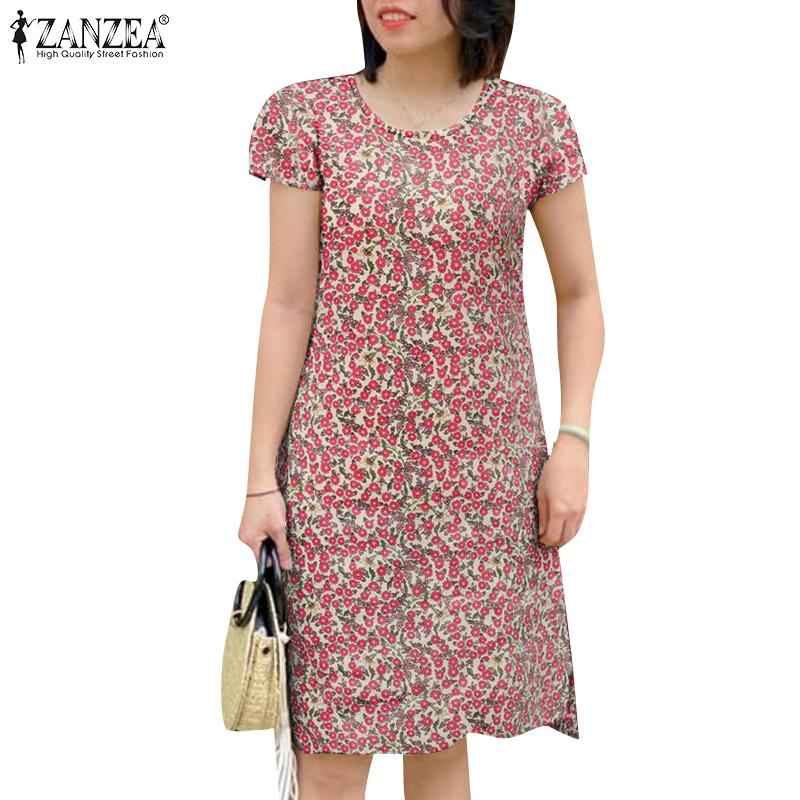 

ZANZEA Женское повседневное платье с короткими рукавами и круглым вырезом с цветочным принтом S синий