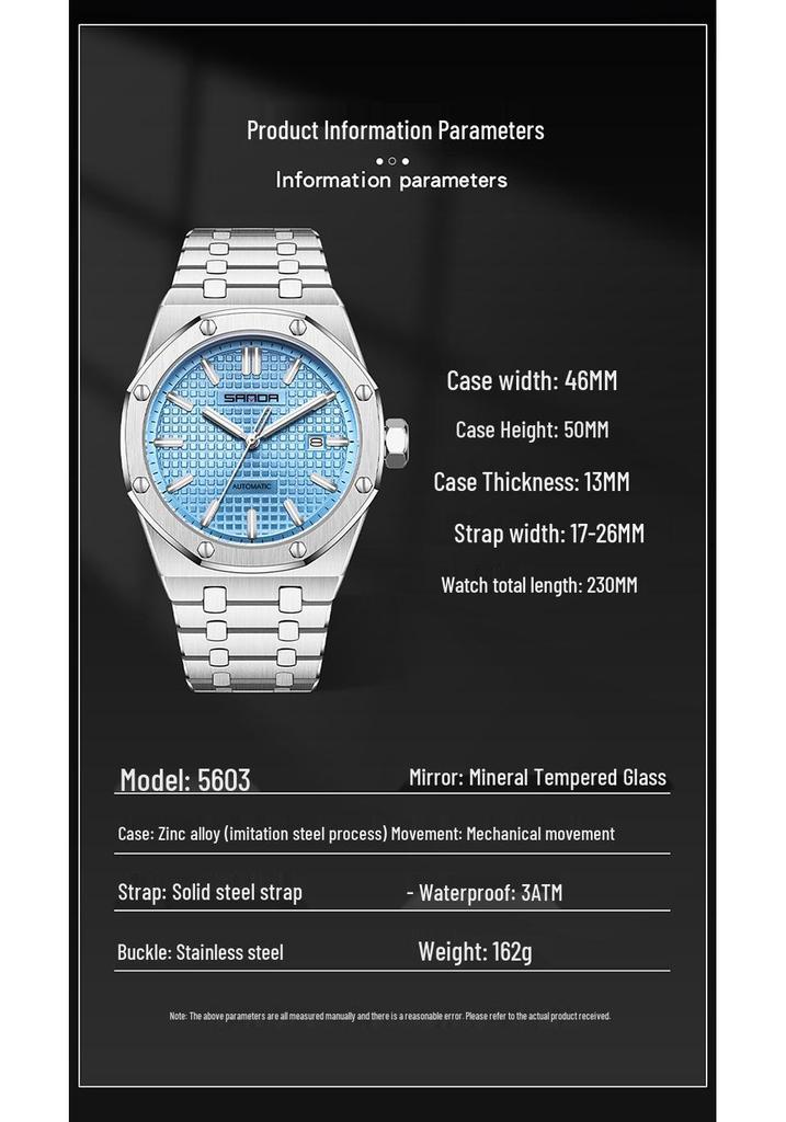 SANDA Men's Waterproof Mechanical Watch with Solid Steel Band and Calendar