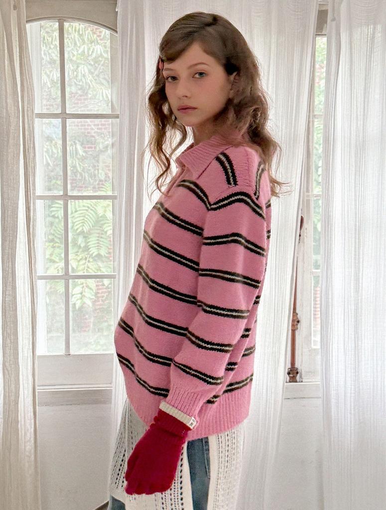 Teuwi Le Moon Striped Collar Loose Fit Knit
