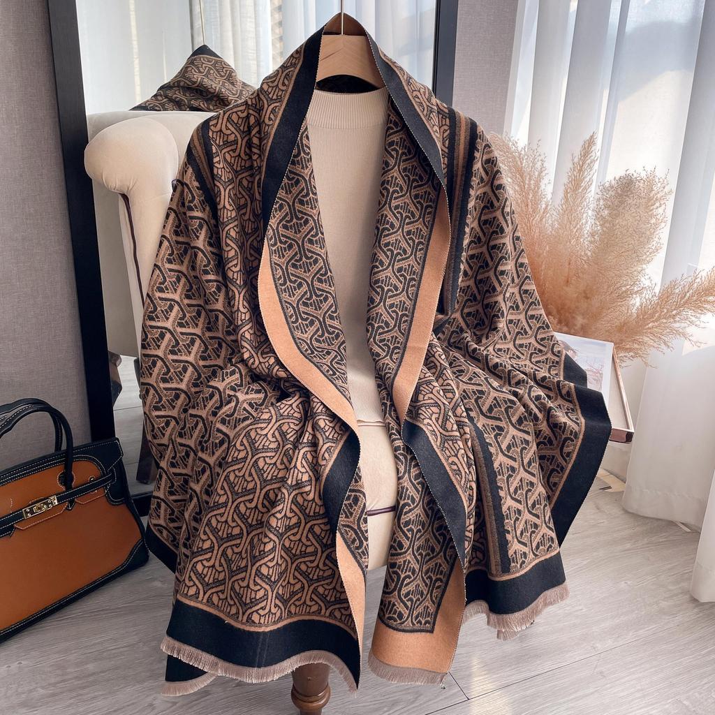 Korean Version Geometric Warm Scarf Double-Sided Imitation Cashmere Thickened Student Scarf Air-Conditioned Room Shawl Outside
