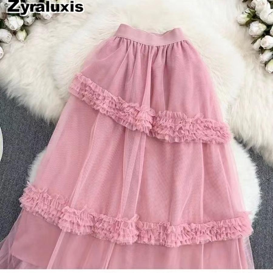 Autumn Sweet Retro Court Wood Ear Patchwork Irregular Cake Puffy Skirt Fairy Lace Mesh Half Skirt