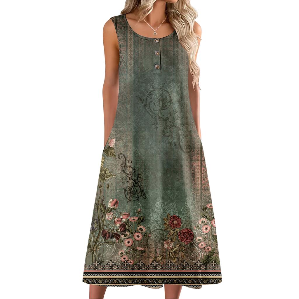 Women's Fashion Casual Sleeveless Button Floral Print Dress with Pocket