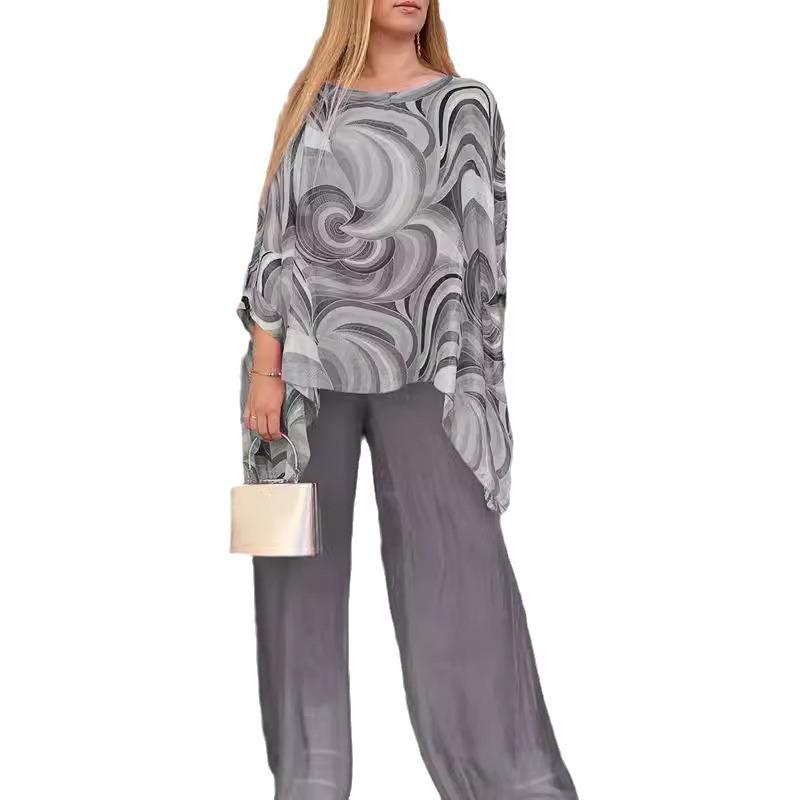 Women Chiffon Summer Casual Colorful Round Neck Printed Top Blouse High Waist Pants Twopiece Clothing Set