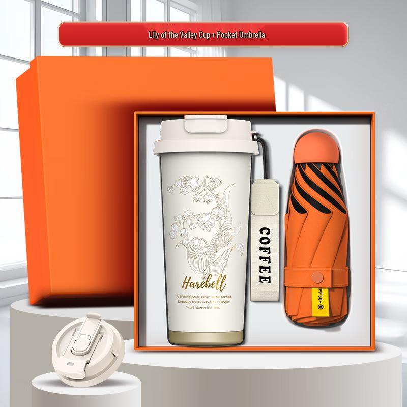 Red Business Gift Set with Lily of the Valley Coffee Cup & Umbrella