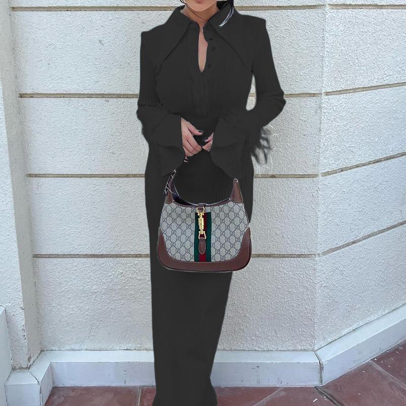 GMXIA Dámská móda Podzim Zima Jednobarevný potisk Dlouhý rukáv POLO Výstřih Neformální šaty s vysokým pasem