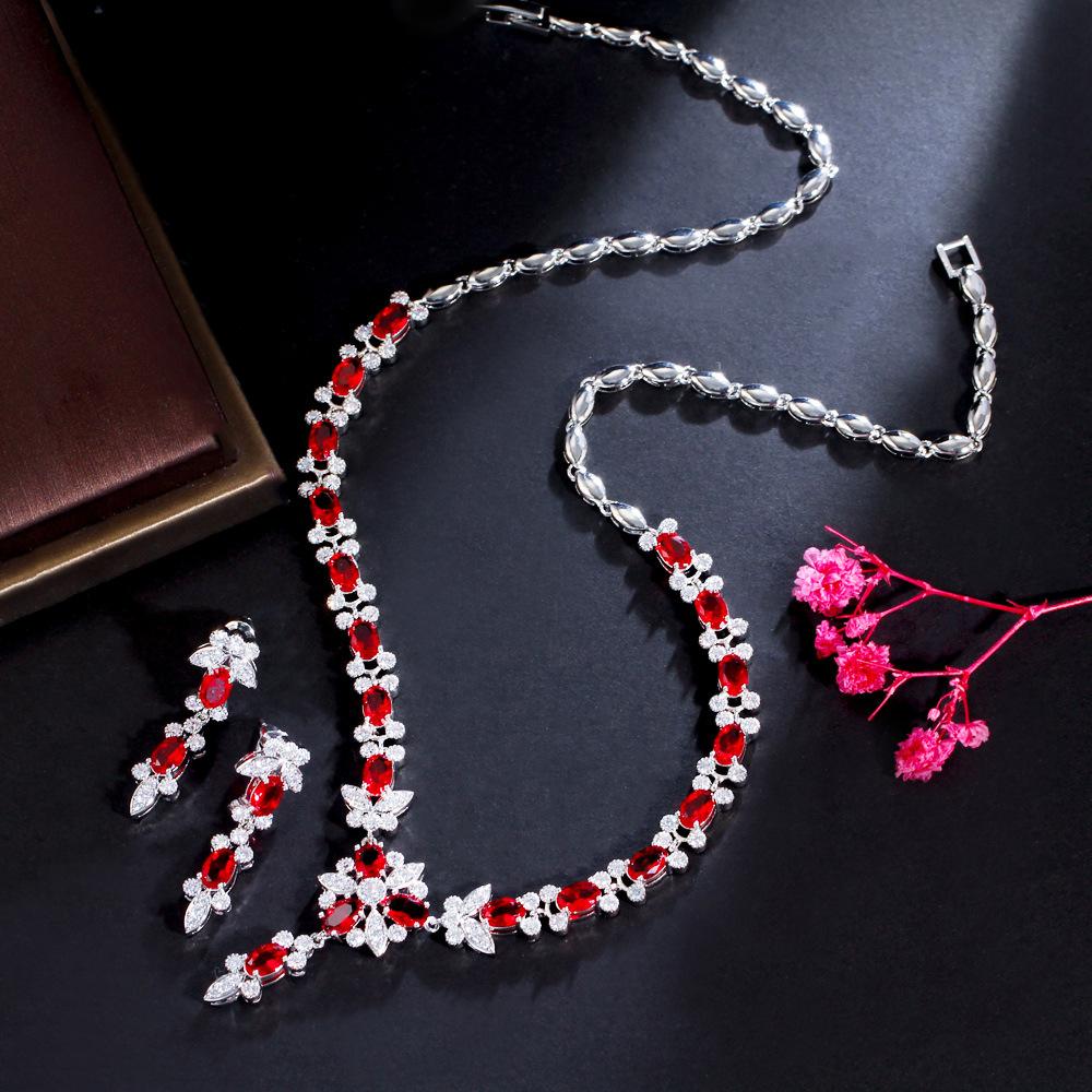 Design Ruby Necklace Bridal Banquet Wedding Dress Accessories Pieces Earrings Zircon Set