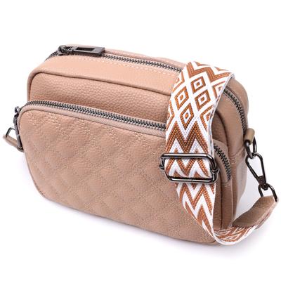 Fashionable Women's Bag Stitched with Diamonds On the Front Side Made of Genuine Leather Vintage 22637 Beige