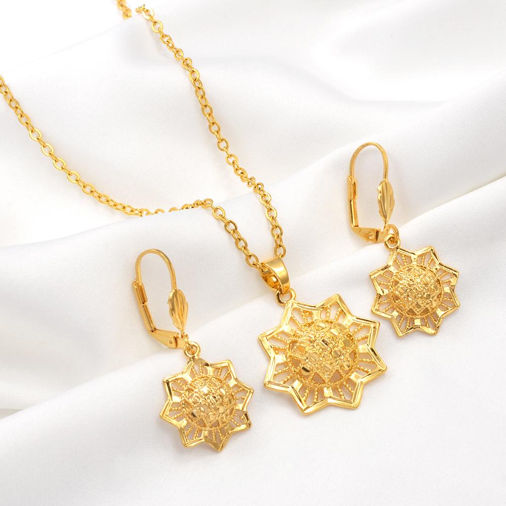 Anniyo African Flower Sets Necklaces Earrings for Woman Fashionable Ethiopian Party Jewelry Middle East Arab India #173016