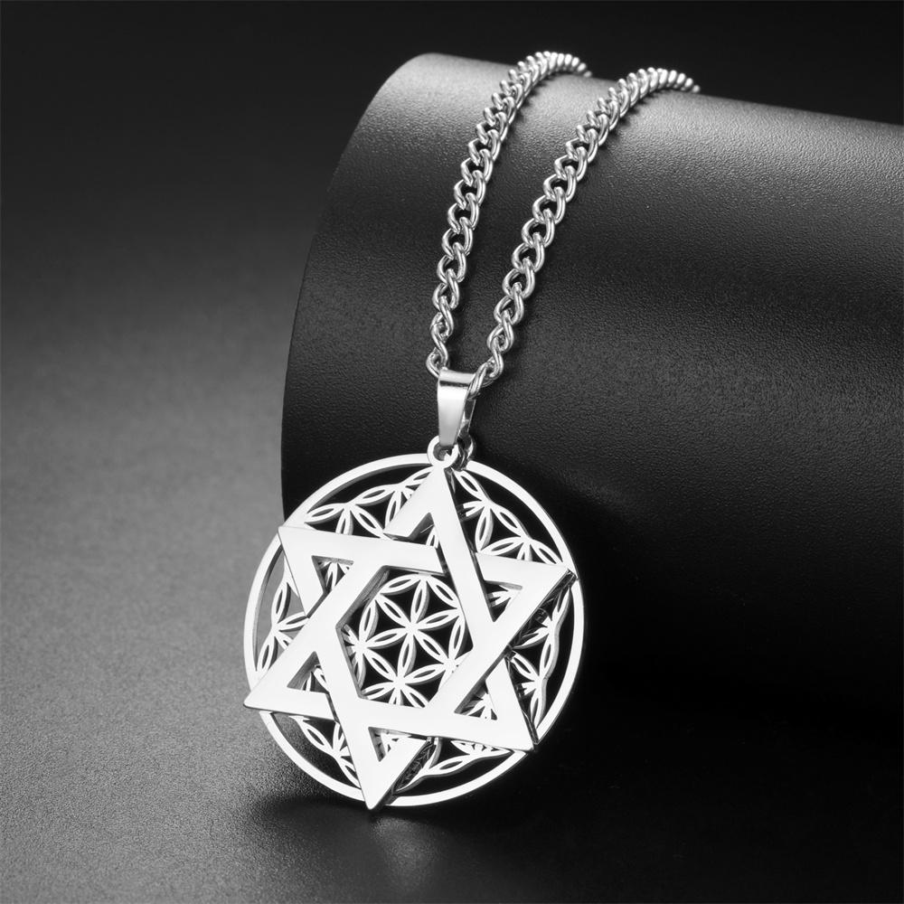 

My Shape Flower of Life Star of David Pendant Necklace for Women Men Je Six-pointed Star Charm Chain Stainless Steel Jewelry 45cm