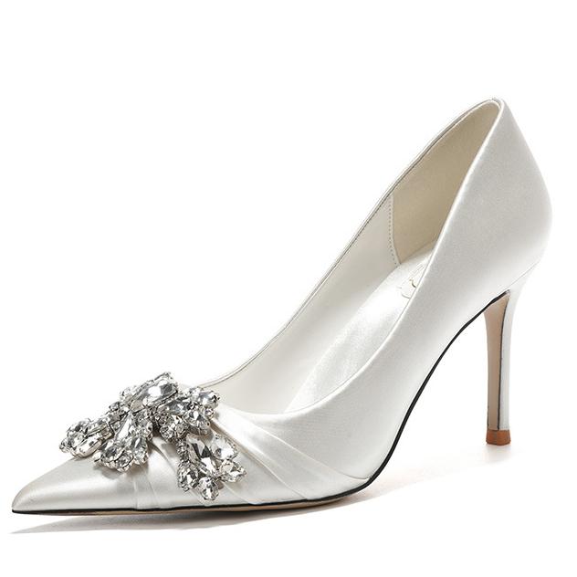 French High Heels Women's New Rhinestone White Wedding Bride Shoes Hollow Dress Single Shoes