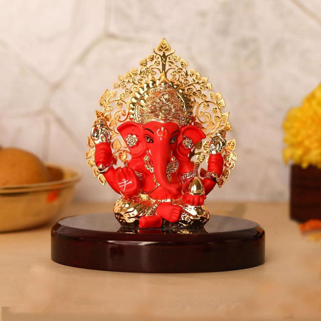 Tree Ganesh Idol Ganpati Murti for Car Dashboard, Office Desk, Hindu God Gift & Home Decor - Resin (Red) - 3 Inches - Pack of 1