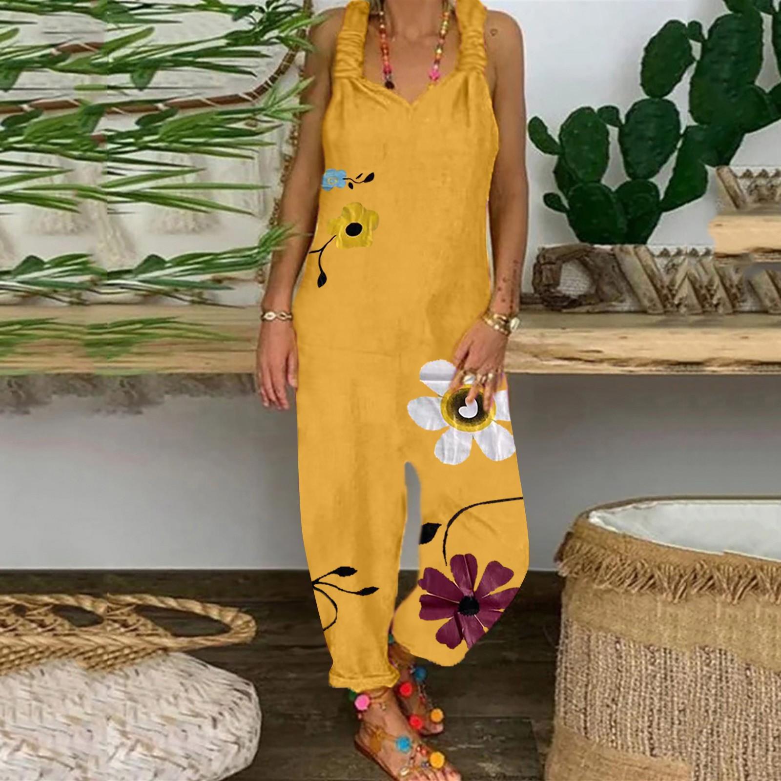 

Модные принтованные ретро богемные арт свободные повседневные льняные брюки на подтяжках комбинезоны XXL жёлтый