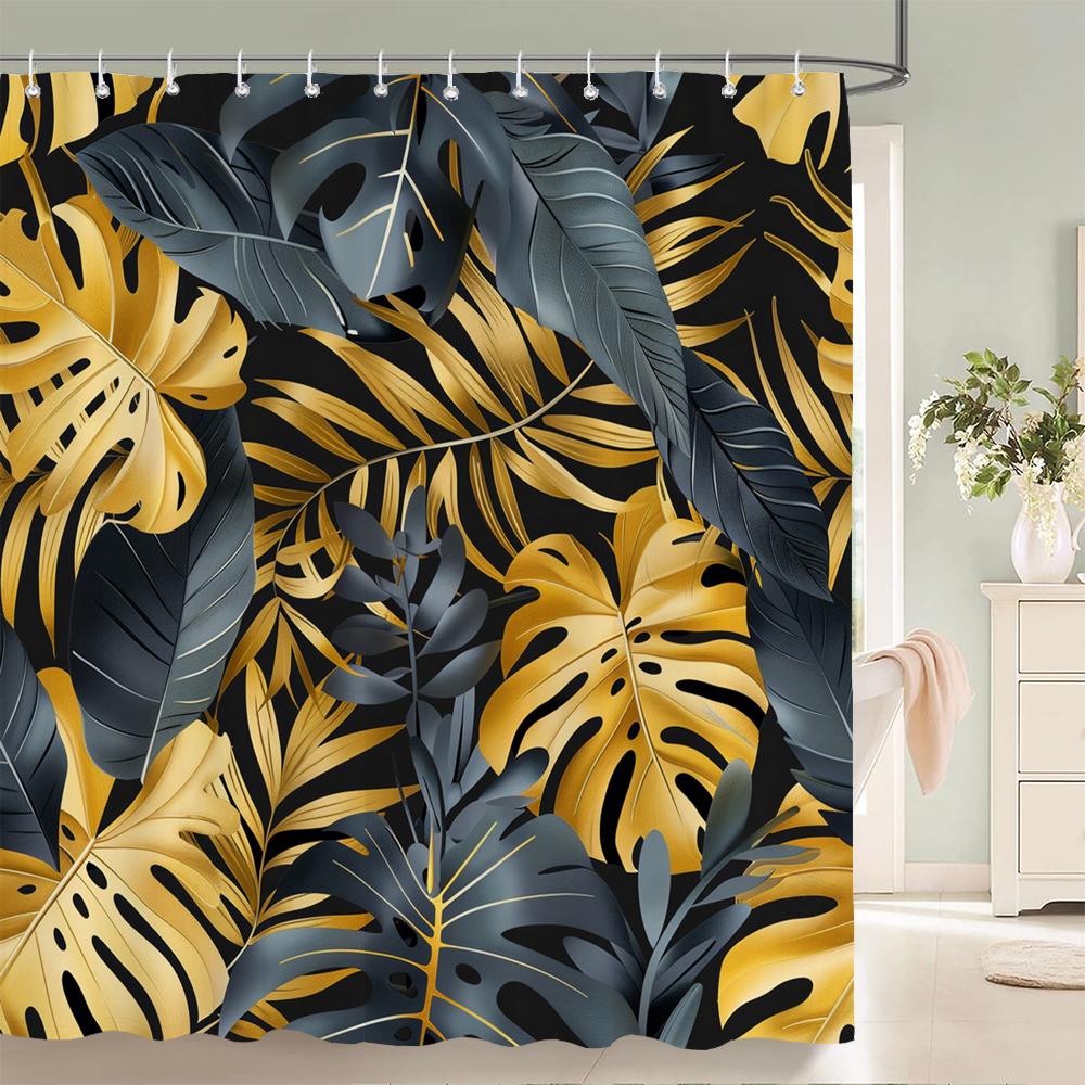 1Pcs Tropical Plants Black and Gold Leaves Printed Fabric Waterproof Shower Curtain, Bathroom Decoration Curtain, with Hooks